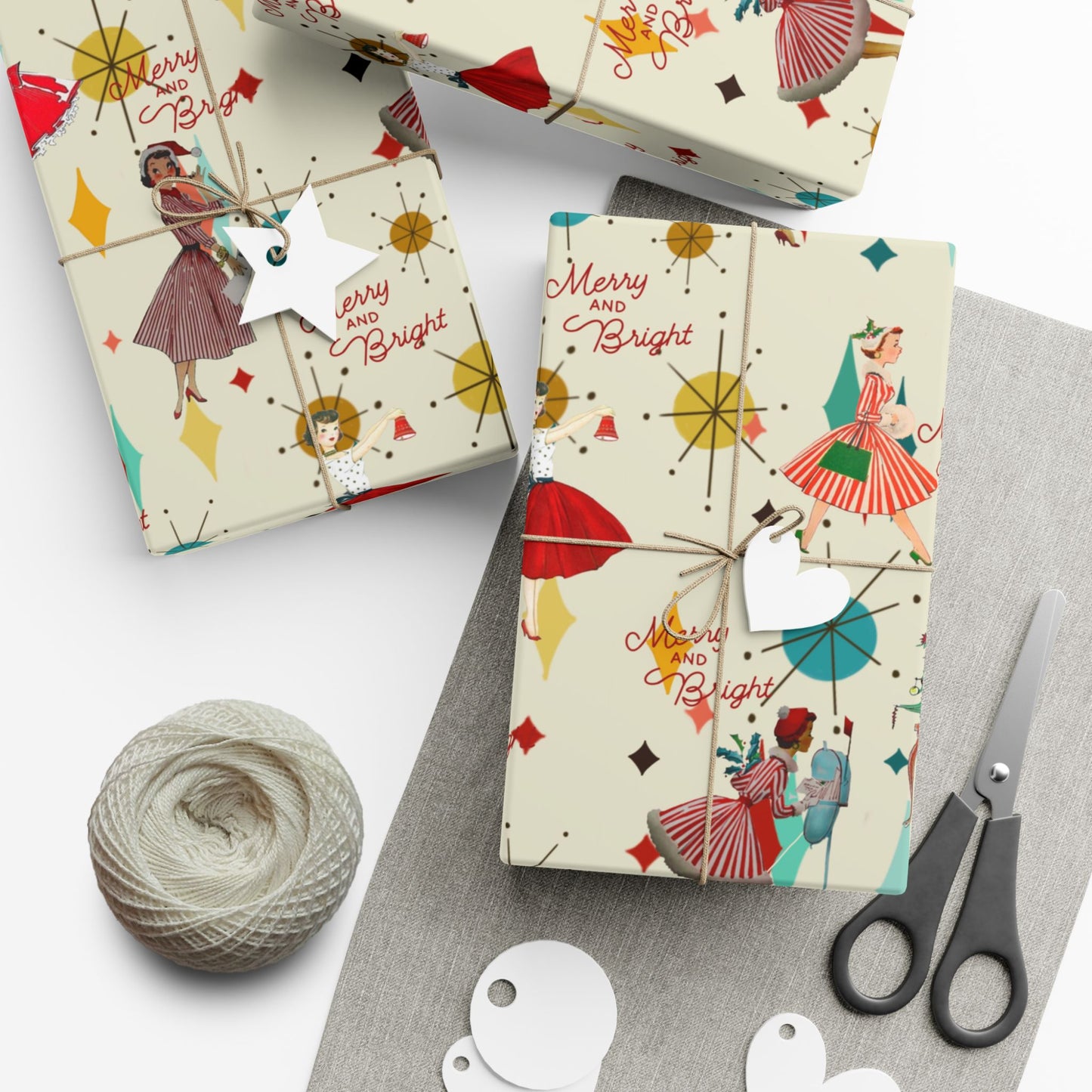 Mid-Century Holiday Gift Wrap Paper – Retro Christmas Dancers & “Merry and Bright” Pattern
