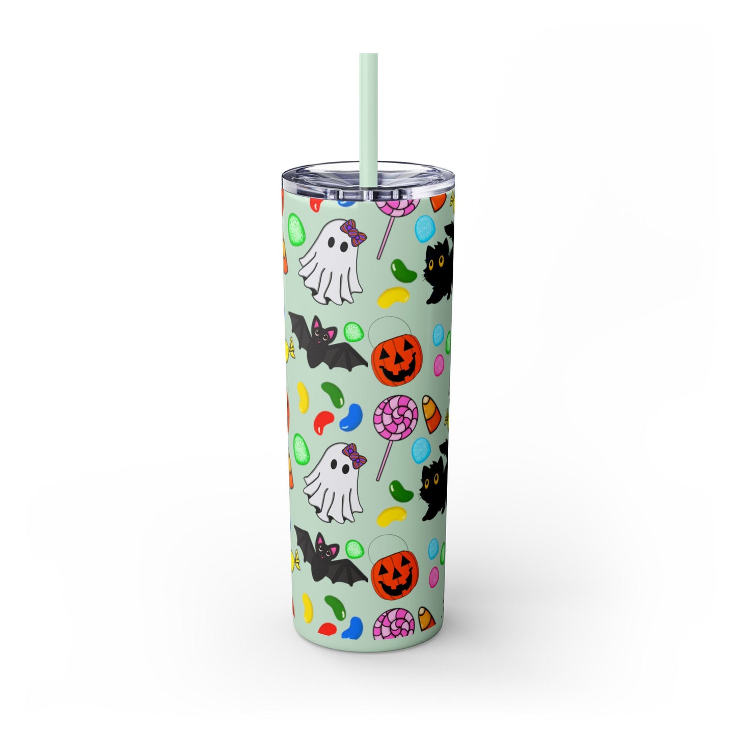 Cute Halloween Skinny Tumbler, 20oz Cat and Ghost Design, Spooky Drinkware, Trick-or-Treat Cup, Party Accessory, Fall Decor