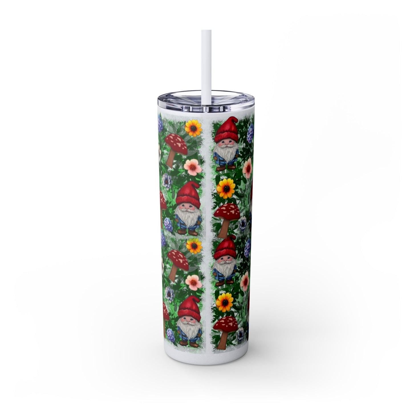 Whimsical Gnome Skinny Tumbler with Straw, Perfect for Garden Lovers, Cute Gift for Birthdays, Summer Drinks, Floral Design