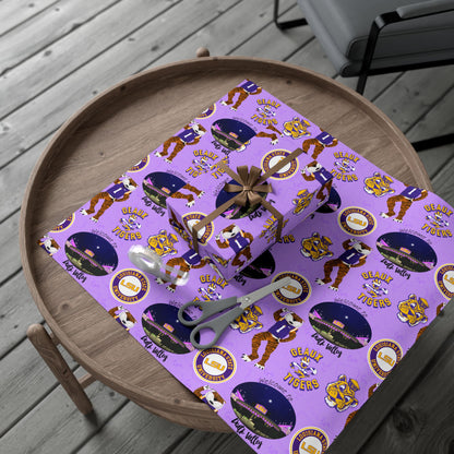 LSU Tigers Patterned Gift Wrap Paper — Purple College Mascot Wrapping Sheets