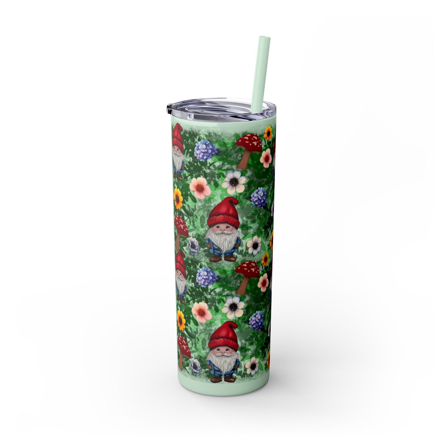 Whimsical Gnome Skinny Tumbler with Straw, Perfect for Garden Lovers, Cute Gift for Birthdays, Summer Drinks, Floral Design
