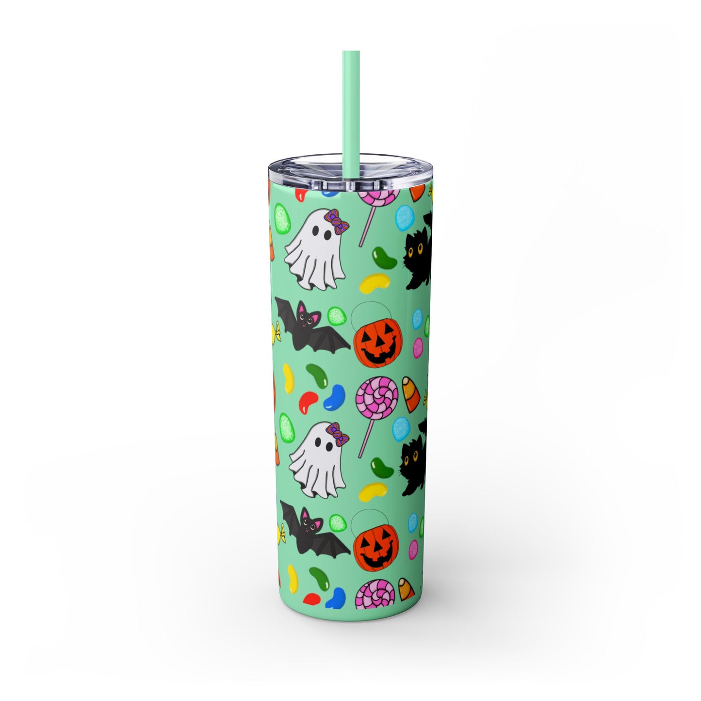 Cute Halloween Skinny Tumbler, 20oz Cat and Ghost Design, Spooky Drinkware, Trick-or-Treat Cup, Party Accessory, Fall Decor
