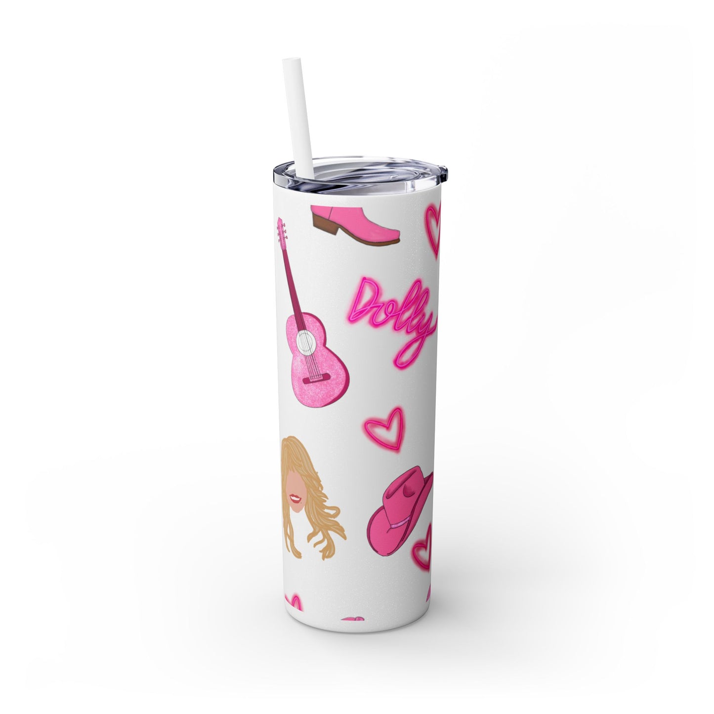 Dolly Parton Tumbler, 20oz Skinny Drinkware with Straw, Perfect for Concerts, Gifts for Music Lovers, Cute Pink Design, Fun Party Favor