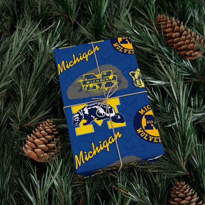 Michigan Wolverines Gift Wrap Paper – Blue & Maize Collegiate Pattern (Text: "Michigan")
