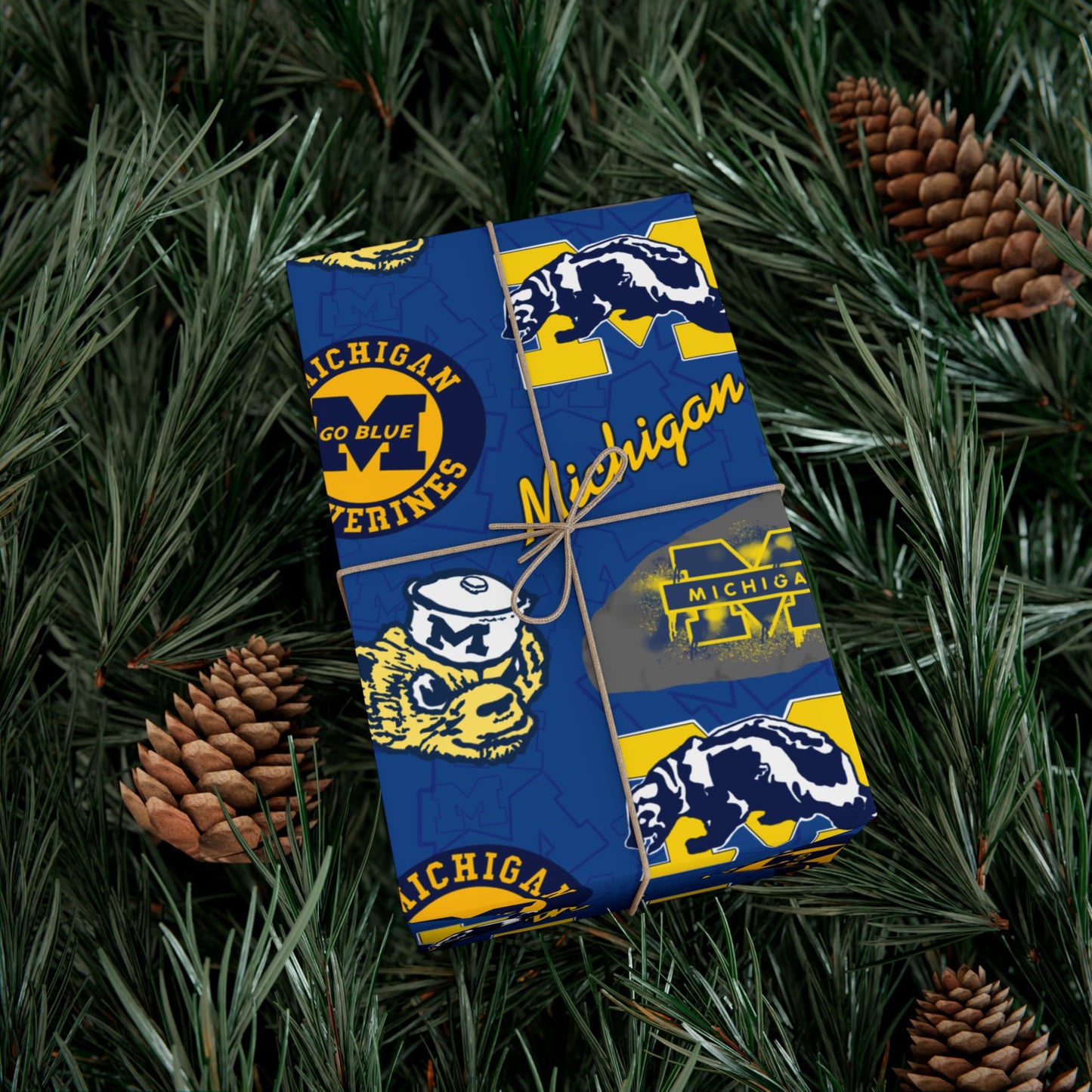 Michigan Wolverines Gift Wrap Paper – Blue & Maize Collegiate Pattern (Text: "Michigan")