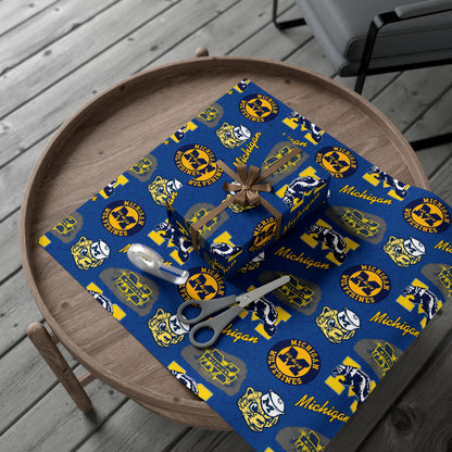 Michigan Wolverines Gift Wrap Paper – Blue & Maize Collegiate Pattern (Text: "Michigan")