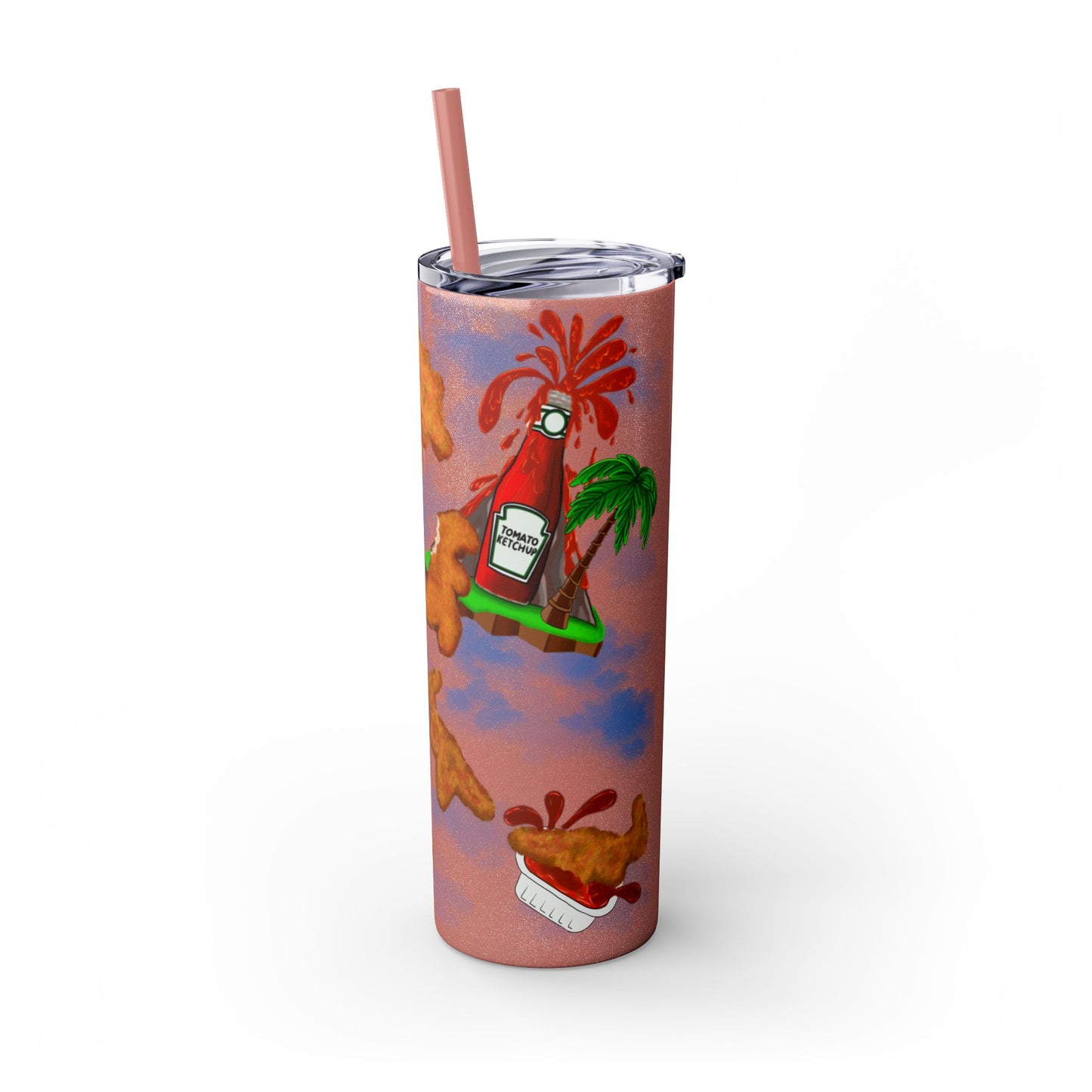 Dino Nuggets Tropical Themed Skinny Tumbler with Straw, 20oz | Fun Vacation Drinkware, Summer, Hawaiian Party, Gift for Beach Lovers