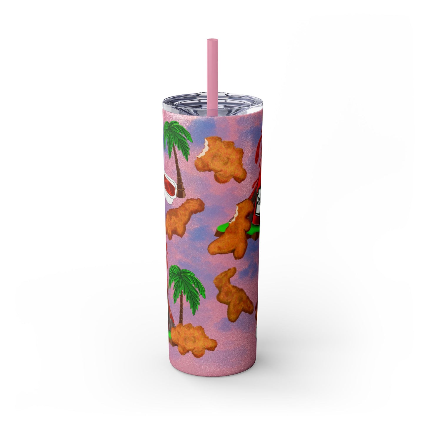 Dino Nuggets Tropical Themed Skinny Tumbler with Straw, 20oz | Fun Vacation Drinkware, Summer, Hawaiian Party, Gift for Beach Lovers