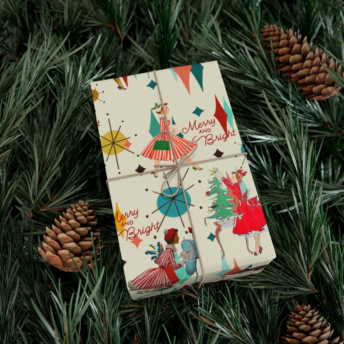 Mid-Century Holiday Gift Wrap Paper – Retro Christmas Dancers & “Merry and Bright” Pattern