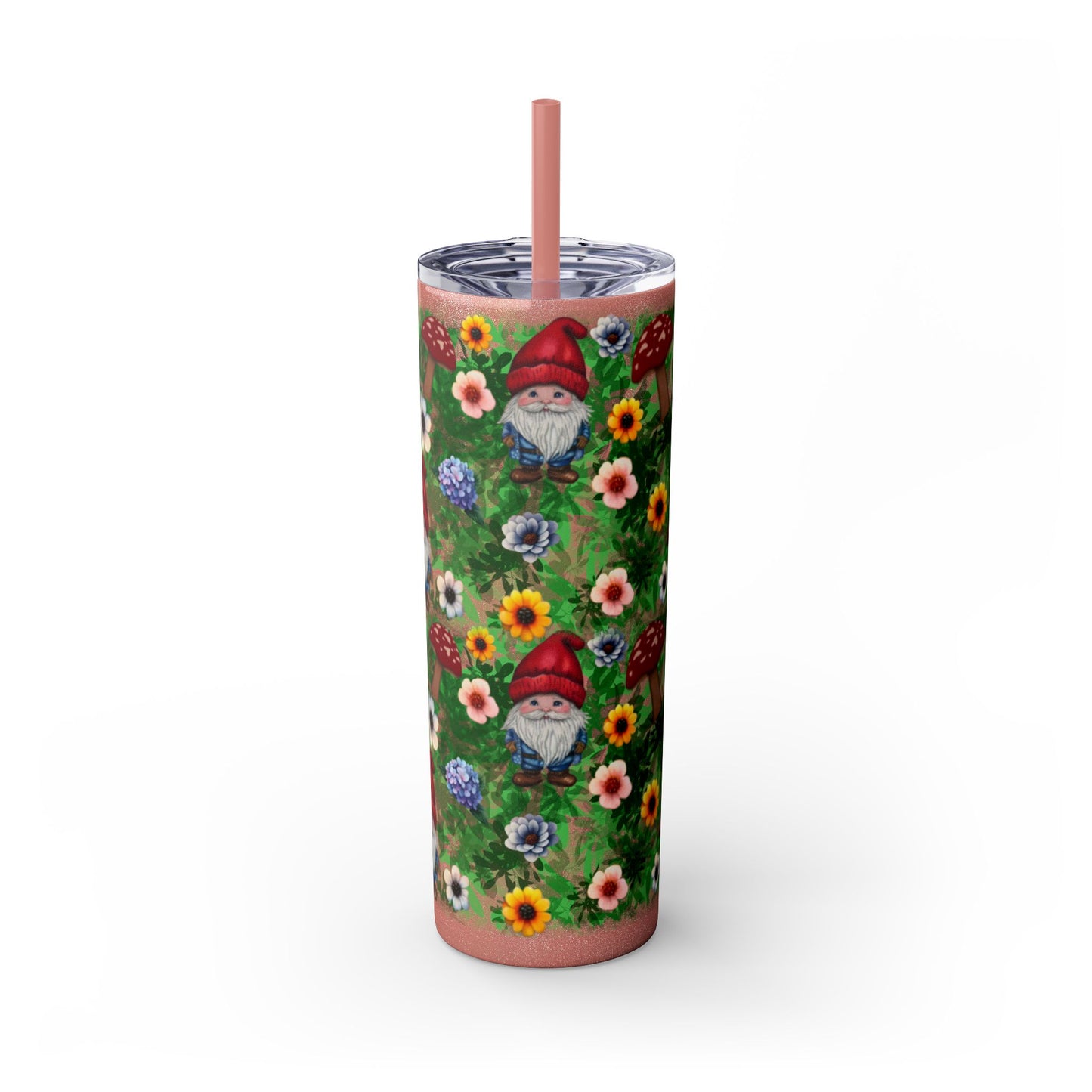 Whimsical Gnome Skinny Tumbler with Straw, Perfect for Garden Lovers, Cute Gift for Birthdays, Summer Drinks, Floral Design