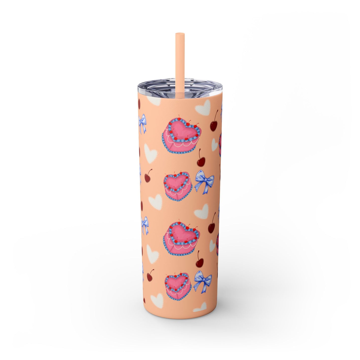 Heart Cake Skinny Tumbler, 20oz | Cute Hearts & Bows Drinkware | Gift for Her, Love Mug, Floral Tumbler, Sweetheart Tumbler
