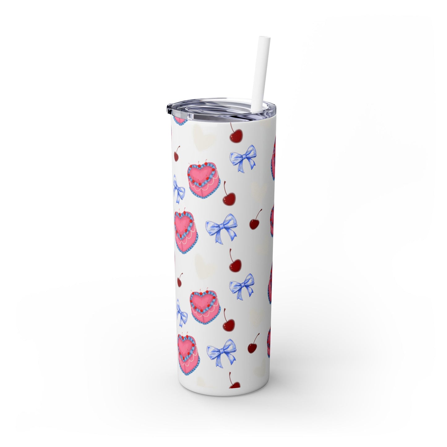 Heart Cake Skinny Tumbler, 20oz | Cute Hearts & Bows Drinkware | Gift for Her, Love Mug, Floral Tumbler, Sweetheart Tumbler