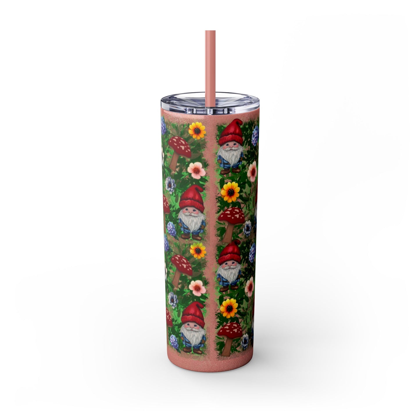 Whimsical Gnome Skinny Tumbler with Straw, Perfect for Garden Lovers, Cute Gift for Birthdays, Summer Drinks, Floral Design