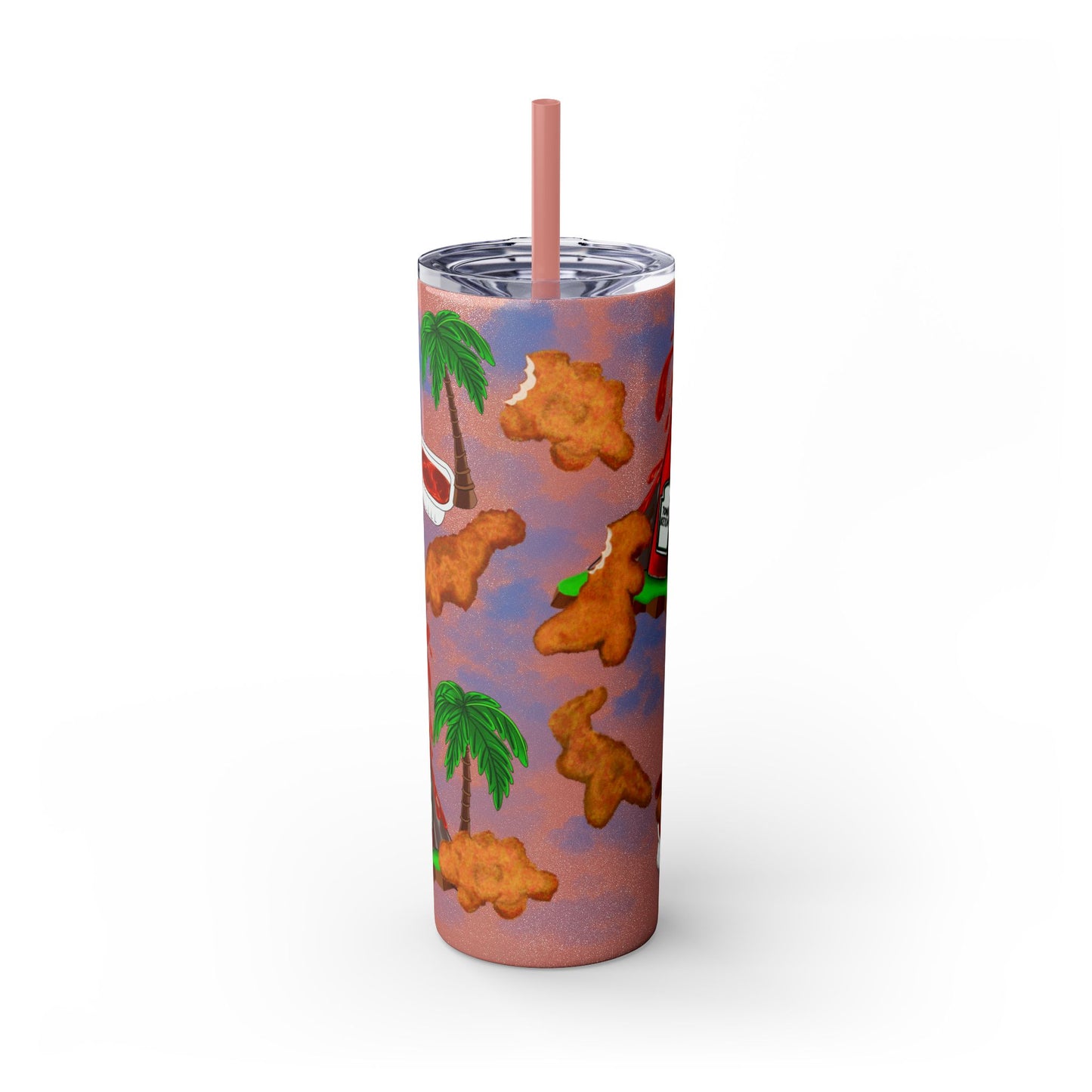 Dino Nuggets Tropical Themed Skinny Tumbler with Straw, 20oz | Fun Vacation Drinkware, Summer, Hawaiian Party, Gift for Beach Lovers