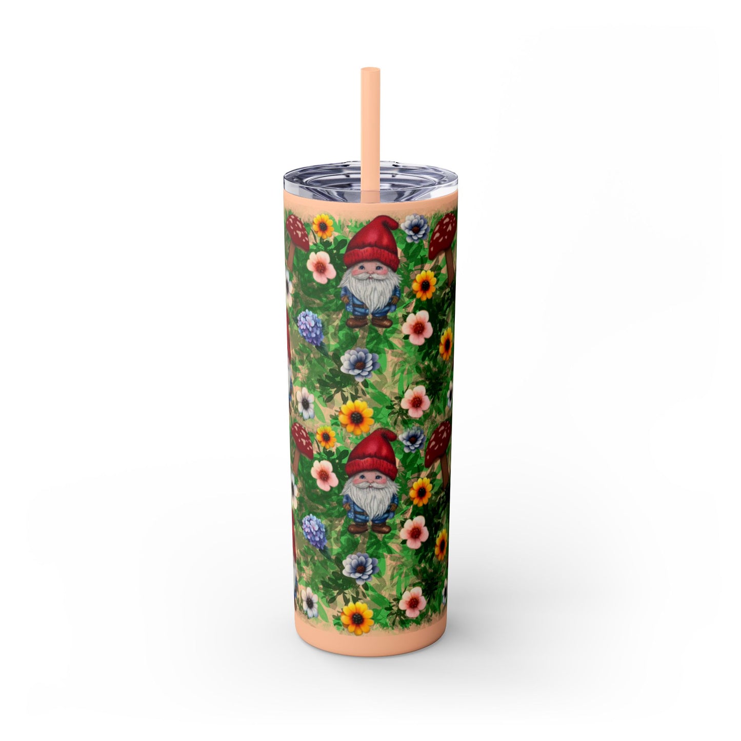 Whimsical Gnome Skinny Tumbler with Straw, Perfect for Garden Lovers, Cute Gift for Birthdays, Summer Drinks, Floral Design