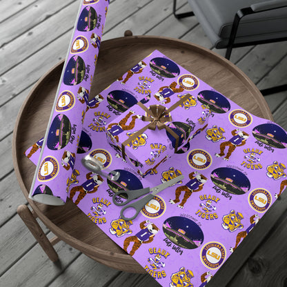 LSU Tigers Patterned Gift Wrap Paper — Purple College Mascot Wrapping Sheets