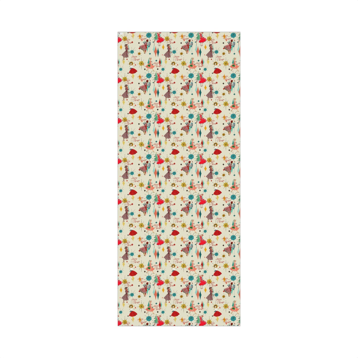 Mid-Century Holiday Gift Wrap Paper – Retro Christmas Dancers & “Merry and Bright” Pattern
