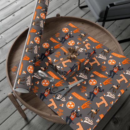 Tennessee Vols Gift Wrap Paper – Orange & Gray College Sports Wrapping Paper with Mascot, T & 'Vols' Logos