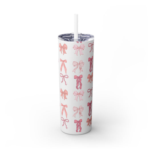 Cute Bow Pattern Skinny Tumbler, 20oz Travel Mug, Gift for Her, Bridesmaid Gift, Bachelorette Party Favor, Hydration Cup
