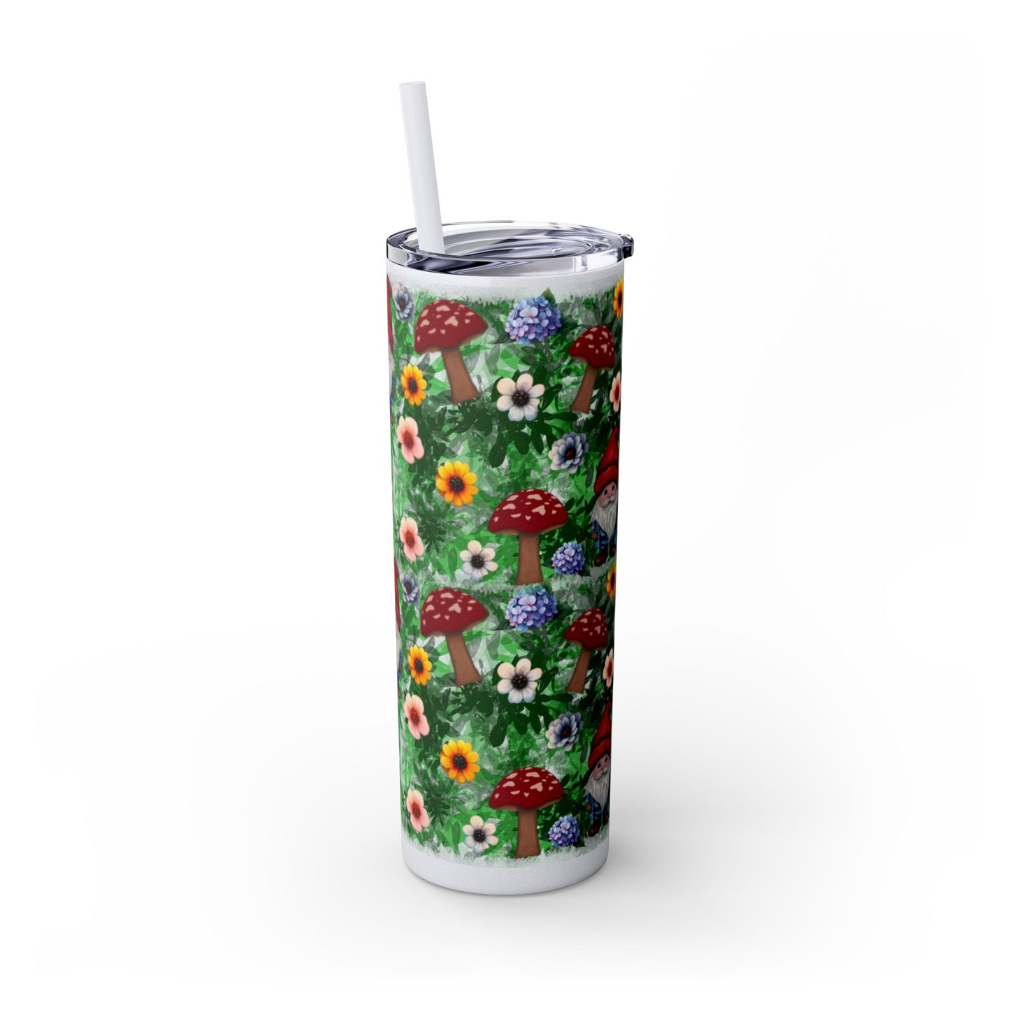 Whimsical Gnome Skinny Tumbler with Straw, Perfect for Garden Lovers, Cute Gift for Birthdays, Summer Drinks, Floral Design