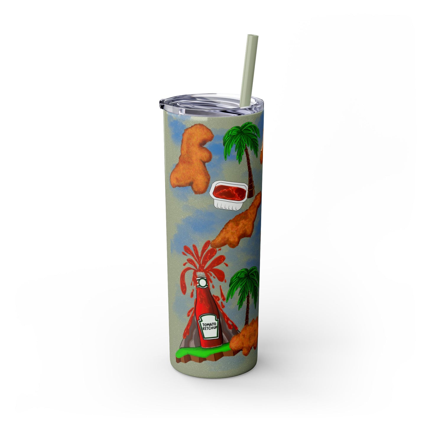 Dino Nuggets Tropical Themed Skinny Tumbler with Straw, 20oz | Fun Vacation Drinkware, Summer, Hawaiian Party, Gift for Beach Lovers