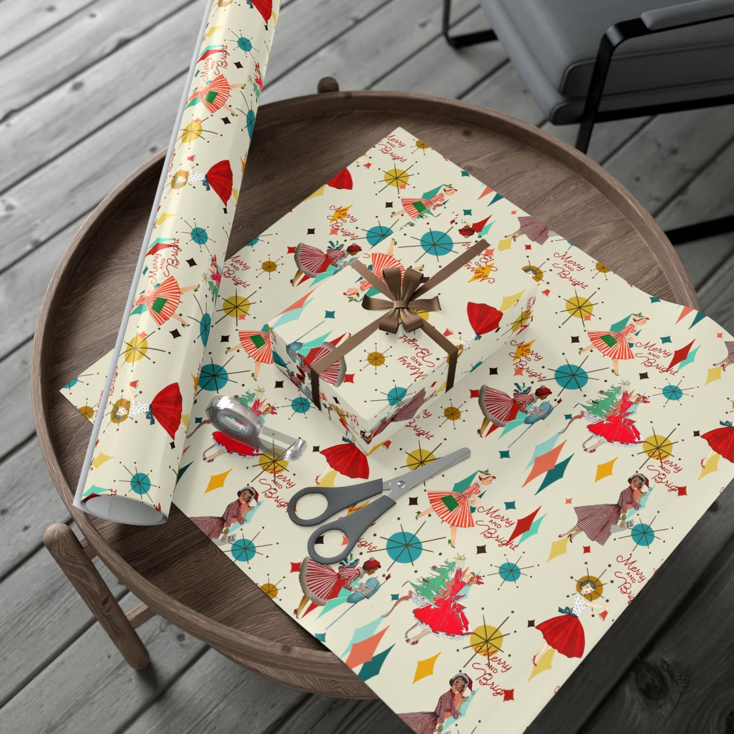 Mid-Century Holiday Gift Wrap Paper – Retro Christmas Dancers & “Merry and Bright” Pattern
