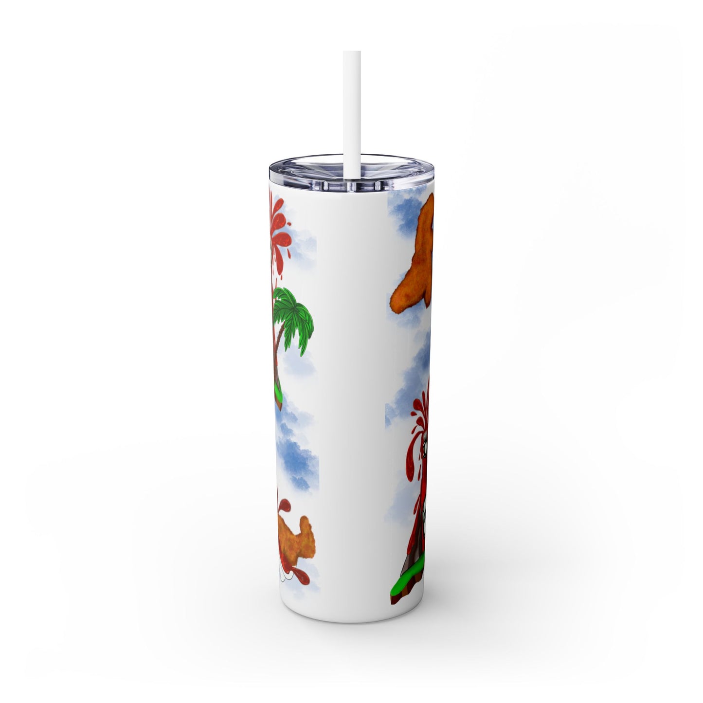 Dino Nuggets Tropical Themed Skinny Tumbler with Straw, 20oz | Fun Vacation Drinkware, Summer, Hawaiian Party, Gift for Beach Lovers