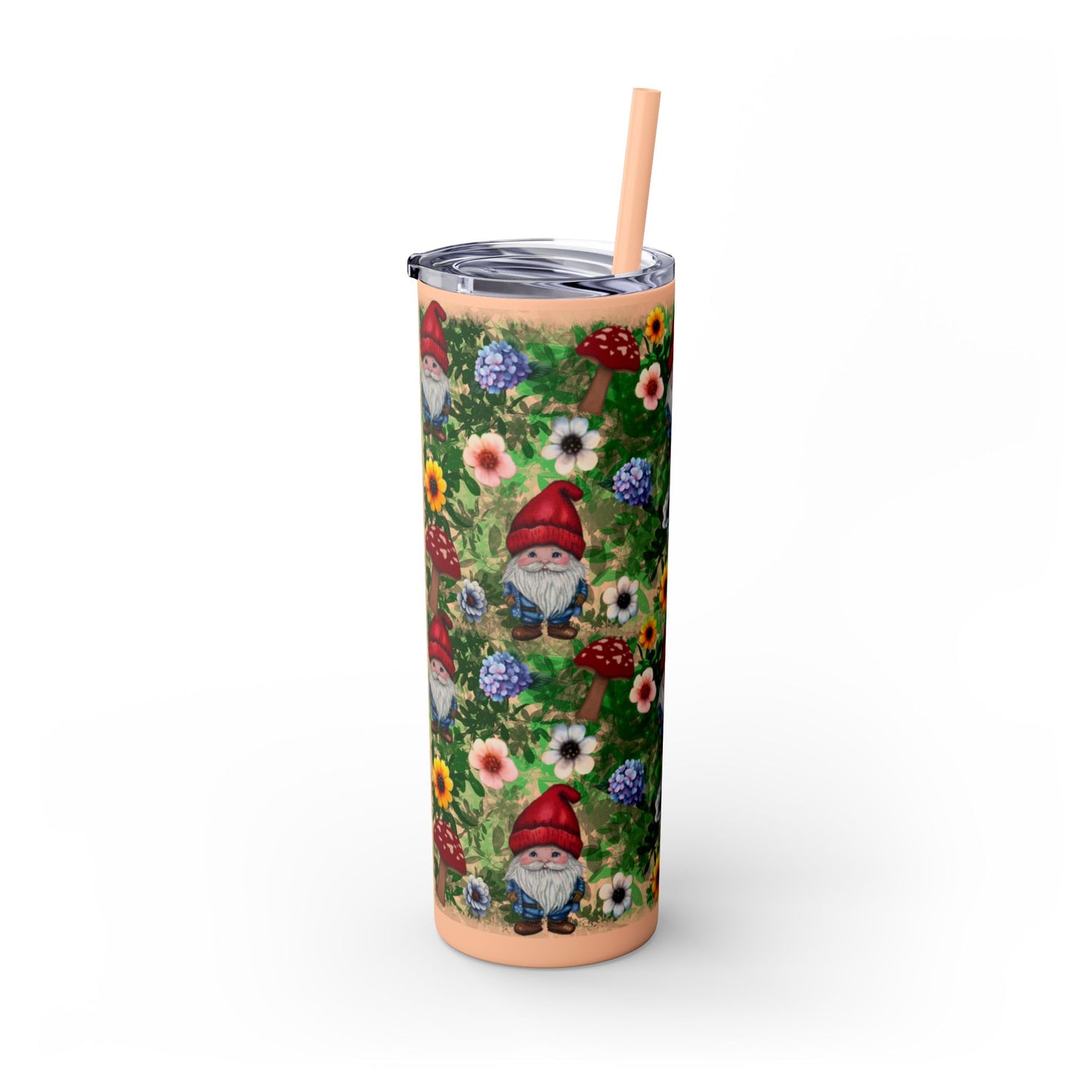 Whimsical Gnome Skinny Tumbler with Straw, Perfect for Garden Lovers, Cute Gift for Birthdays, Summer Drinks, Floral Design