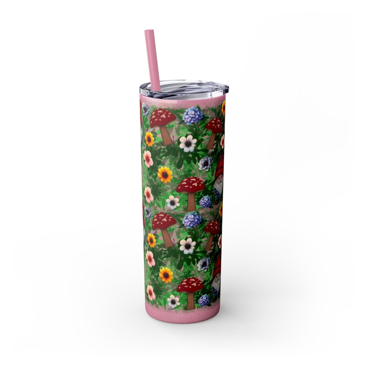 Whimsical Gnome Skinny Tumbler with Straw, Perfect for Garden Lovers, Cute Gift for Birthdays, Summer Drinks, Floral Design