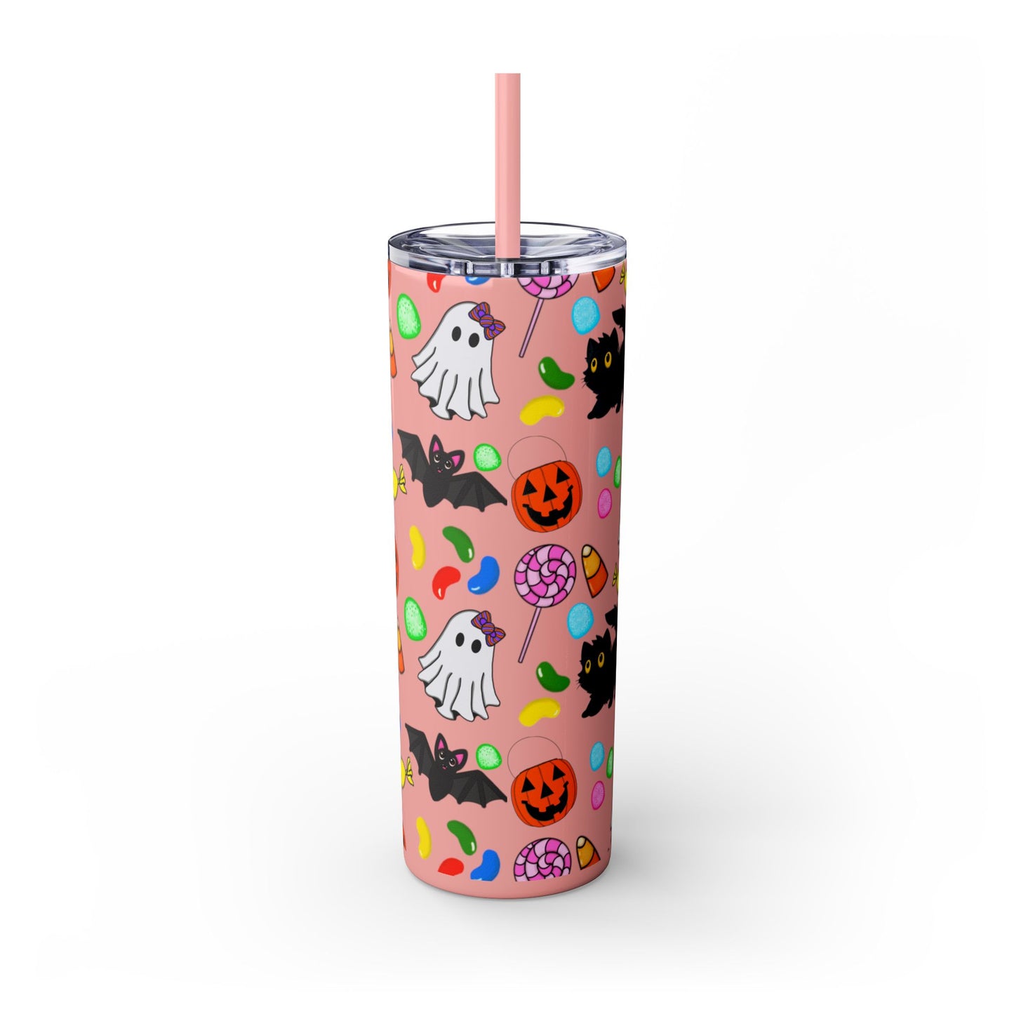 Cute Halloween Skinny Tumbler, 20oz Cat and Ghost Design, Spooky Drinkware, Trick-or-Treat Cup, Party Accessory, Fall Decor