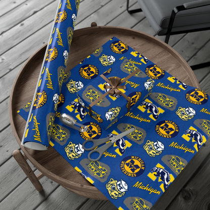 Michigan Wolverines Gift Wrap Paper – Blue & Maize Collegiate Pattern (Text: "Michigan")