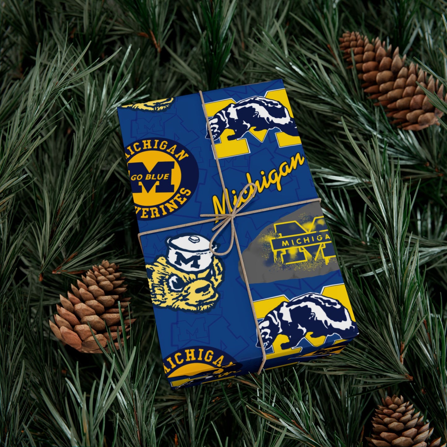 Michigan Wolverines Gift Wrap Paper – Blue & Maize Collegiate Pattern (Text: "Michigan")