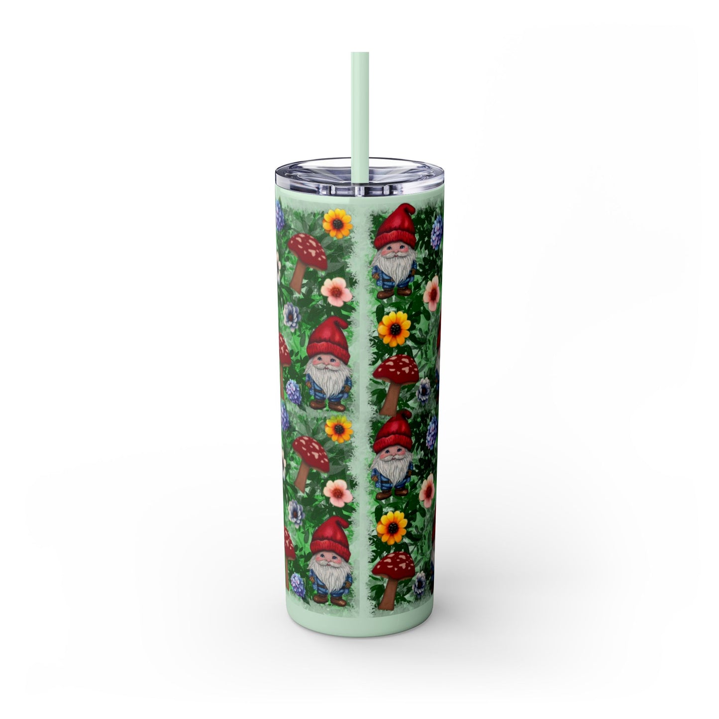 Whimsical Gnome Skinny Tumbler with Straw, Perfect for Garden Lovers, Cute Gift for Birthdays, Summer Drinks, Floral Design