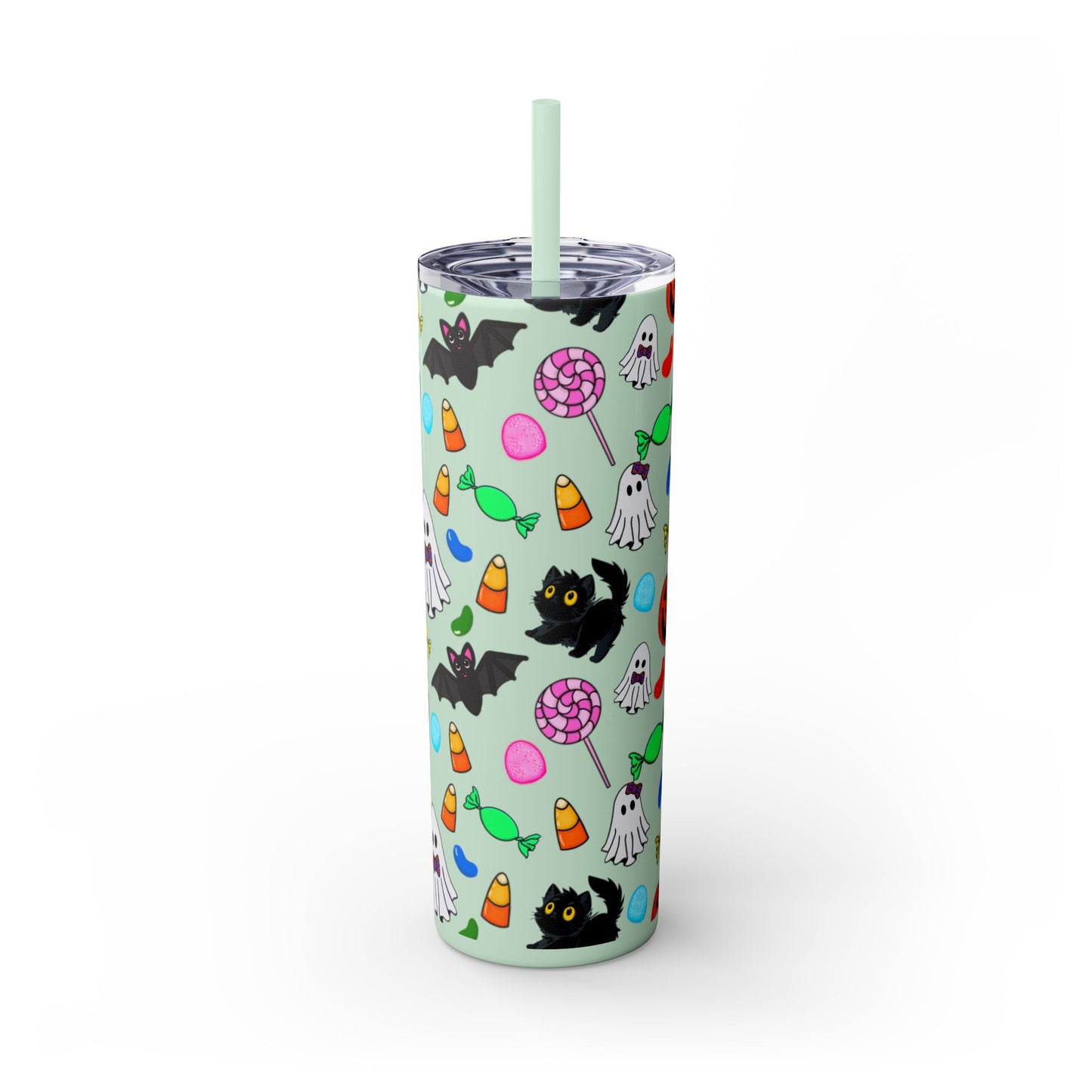 Cute Halloween Skinny Tumbler, 20oz Cat and Ghost Design, Spooky Drinkware, Trick-or-Treat Cup, Party Accessory, Fall Decor