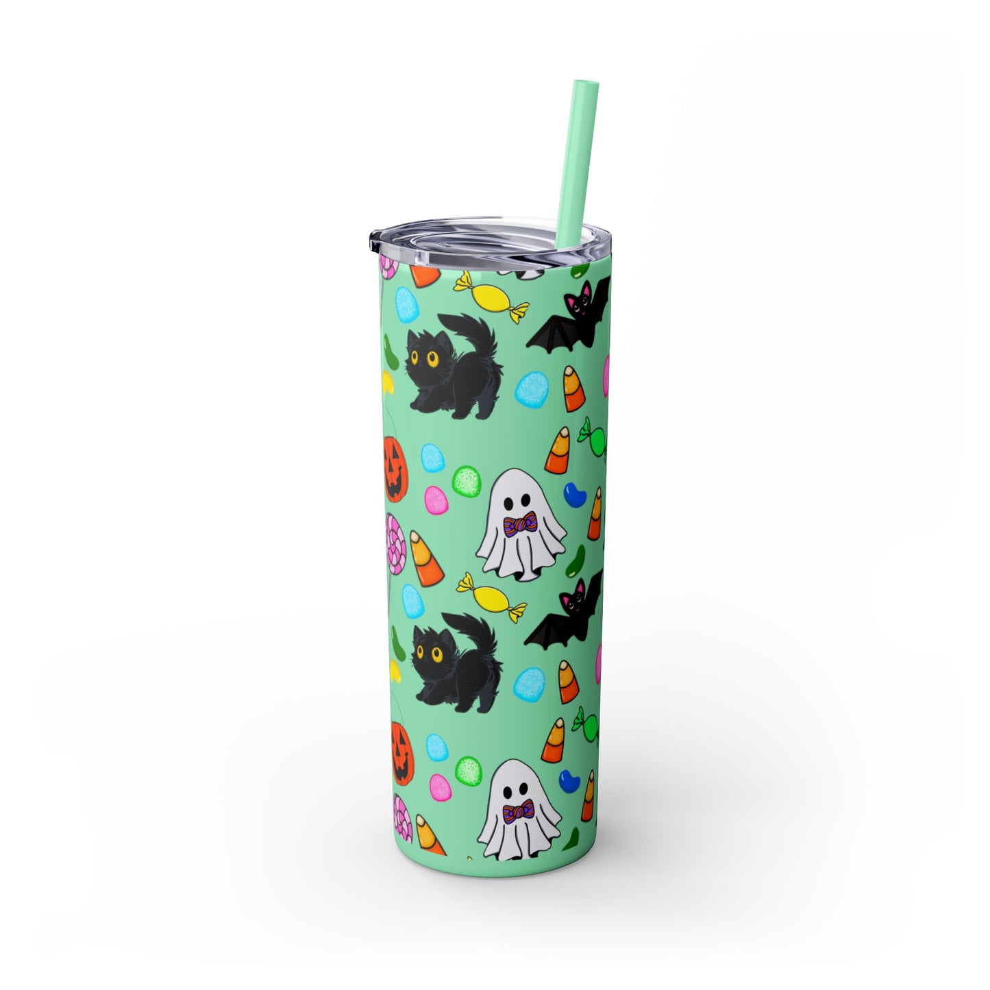 Cute Halloween Skinny Tumbler, 20oz Cat and Ghost Design, Spooky Drinkware, Trick-or-Treat Cup, Party Accessory, Fall Decor