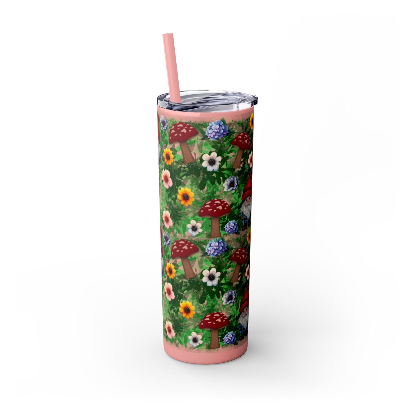 Whimsical Gnome Skinny Tumbler with Straw, Perfect for Garden Lovers, Cute Gift for Birthdays, Summer Drinks, Floral Design