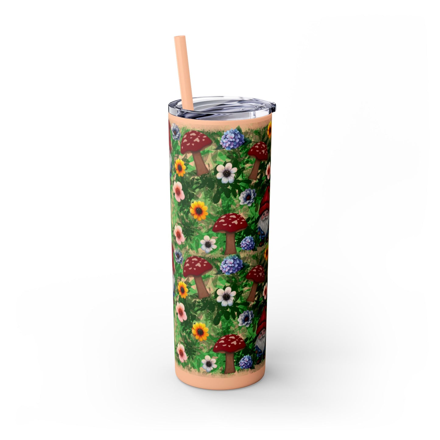 Whimsical Gnome Skinny Tumbler with Straw, Perfect for Garden Lovers, Cute Gift for Birthdays, Summer Drinks, Floral Design