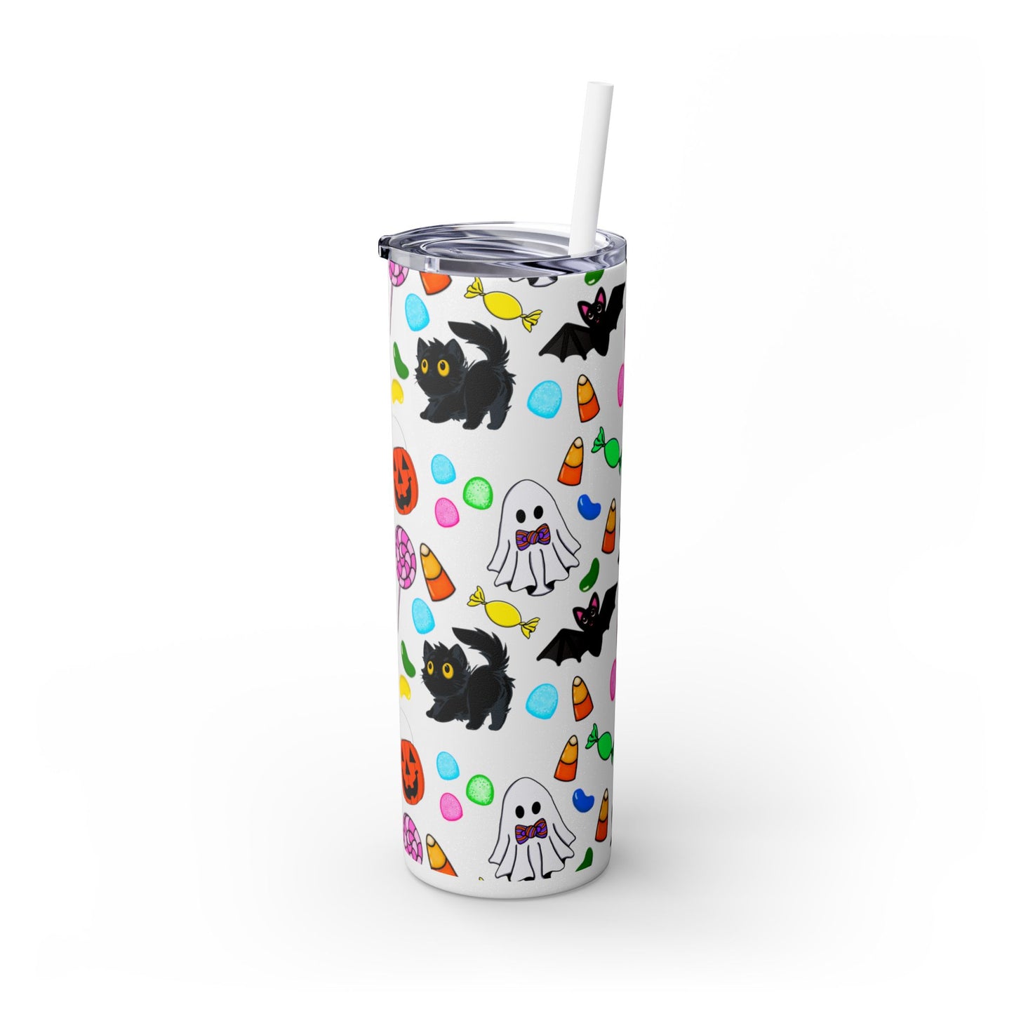 Cute Halloween Skinny Tumbler, 20oz Cat and Ghost Design, Spooky Drinkware, Trick-or-Treat Cup, Party Accessory, Fall Decor