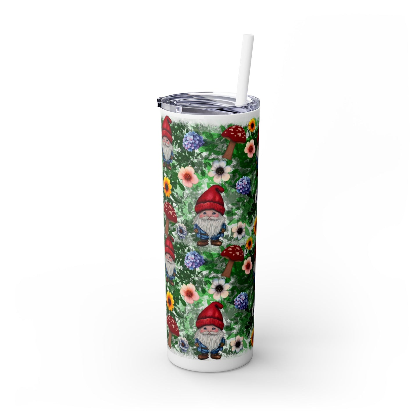 Whimsical Gnome Skinny Tumbler with Straw, Perfect for Garden Lovers, Cute Gift for Birthdays, Summer Drinks, Floral Design