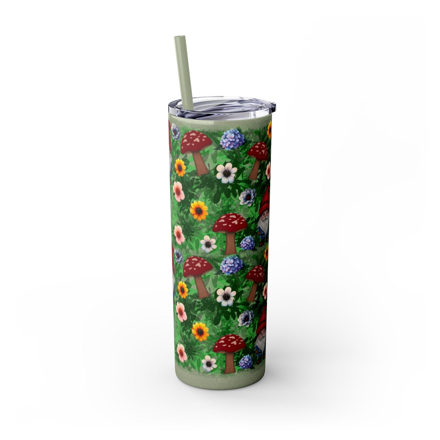 Whimsical Gnome Skinny Tumbler with Straw, Perfect for Garden Lovers, Cute Gift for Birthdays, Summer Drinks, Floral Design