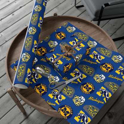 Michigan Wolverines Gift Wrap Paper – Blue & Maize Collegiate Pattern (Text: "Michigan")