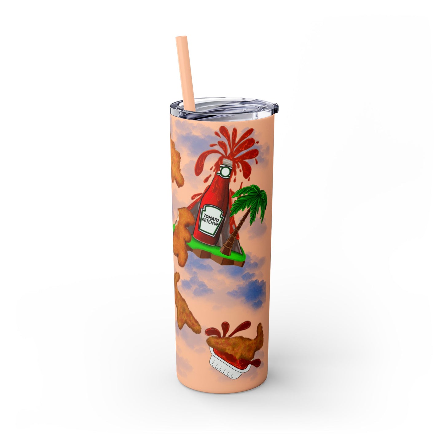 Dino Nuggets Tropical Themed Skinny Tumbler with Straw, 20oz | Fun Vacation Drinkware, Summer, Hawaiian Party, Gift for Beach Lovers