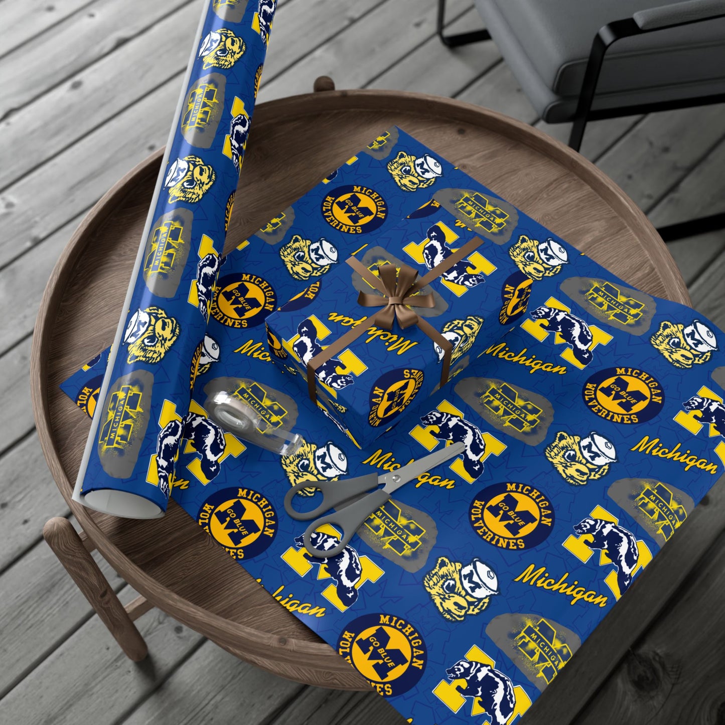 Michigan Wolverines Gift Wrap Paper – Blue & Maize Collegiate Pattern (Text: "Michigan")