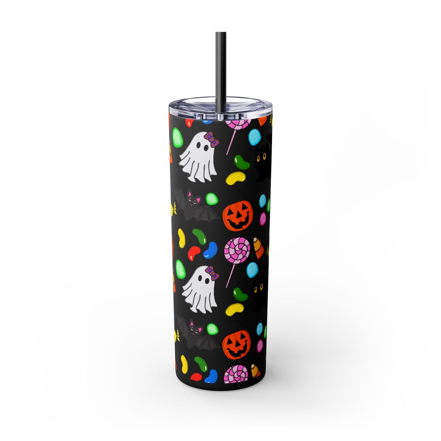 Cute Halloween Skinny Tumbler, 20oz Cat and Ghost Design, Spooky Drinkware, Trick-or-Treat Cup, Party Accessory, Fall Decor
