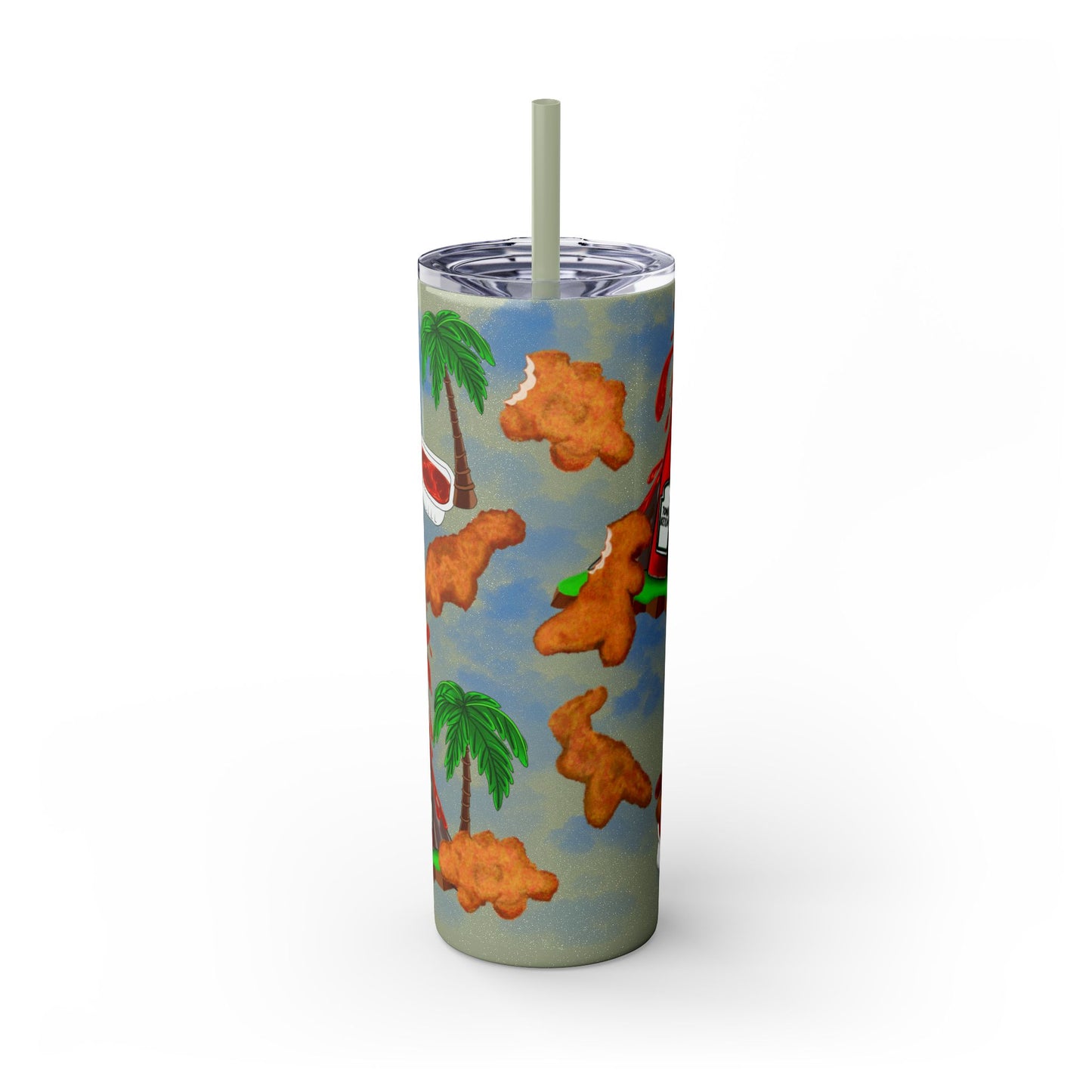 Dino Nuggets Tropical Themed Skinny Tumbler with Straw, 20oz | Fun Vacation Drinkware, Summer, Hawaiian Party, Gift for Beach Lovers