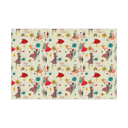 Mid-Century Holiday Gift Wrap Paper – Retro Christmas Dancers & “Merry and Bright” Pattern