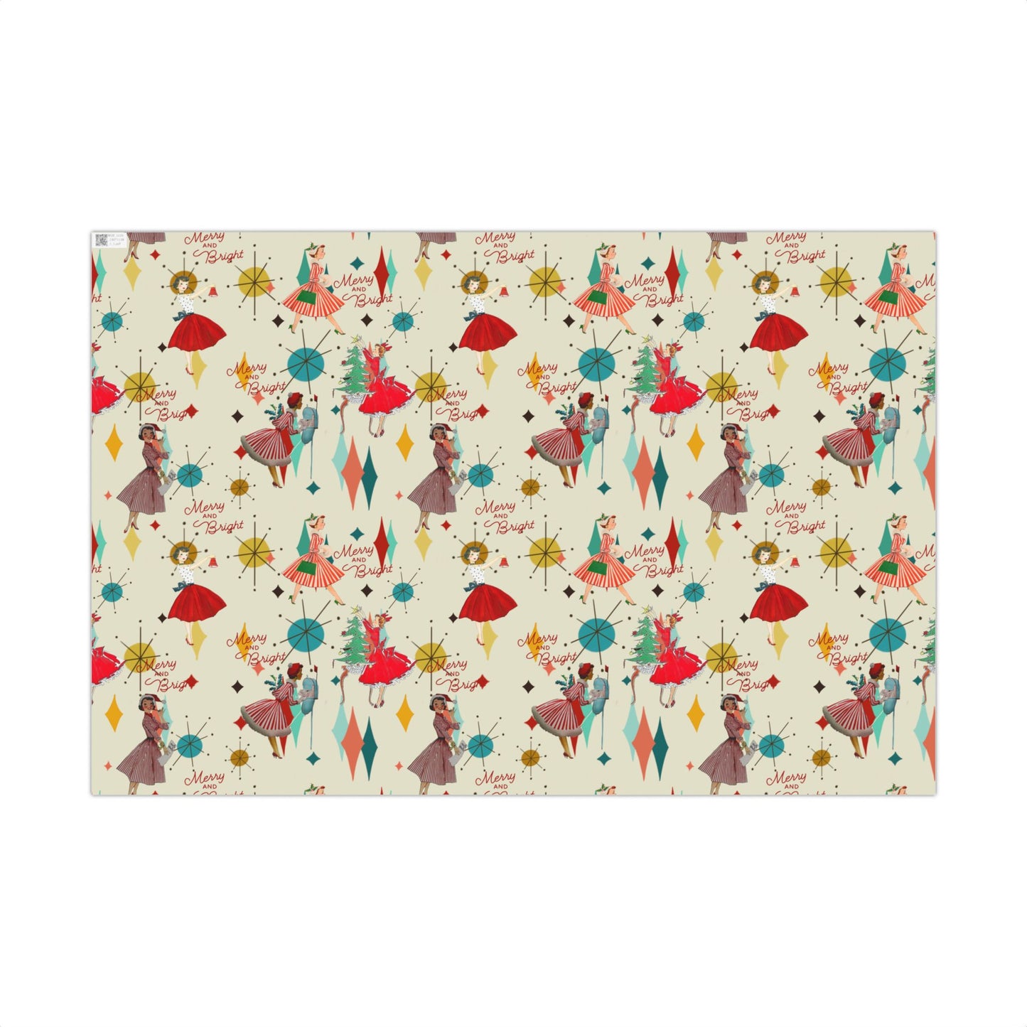 Mid-Century Holiday Gift Wrap Paper – Retro Christmas Dancers & “Merry and Bright” Pattern