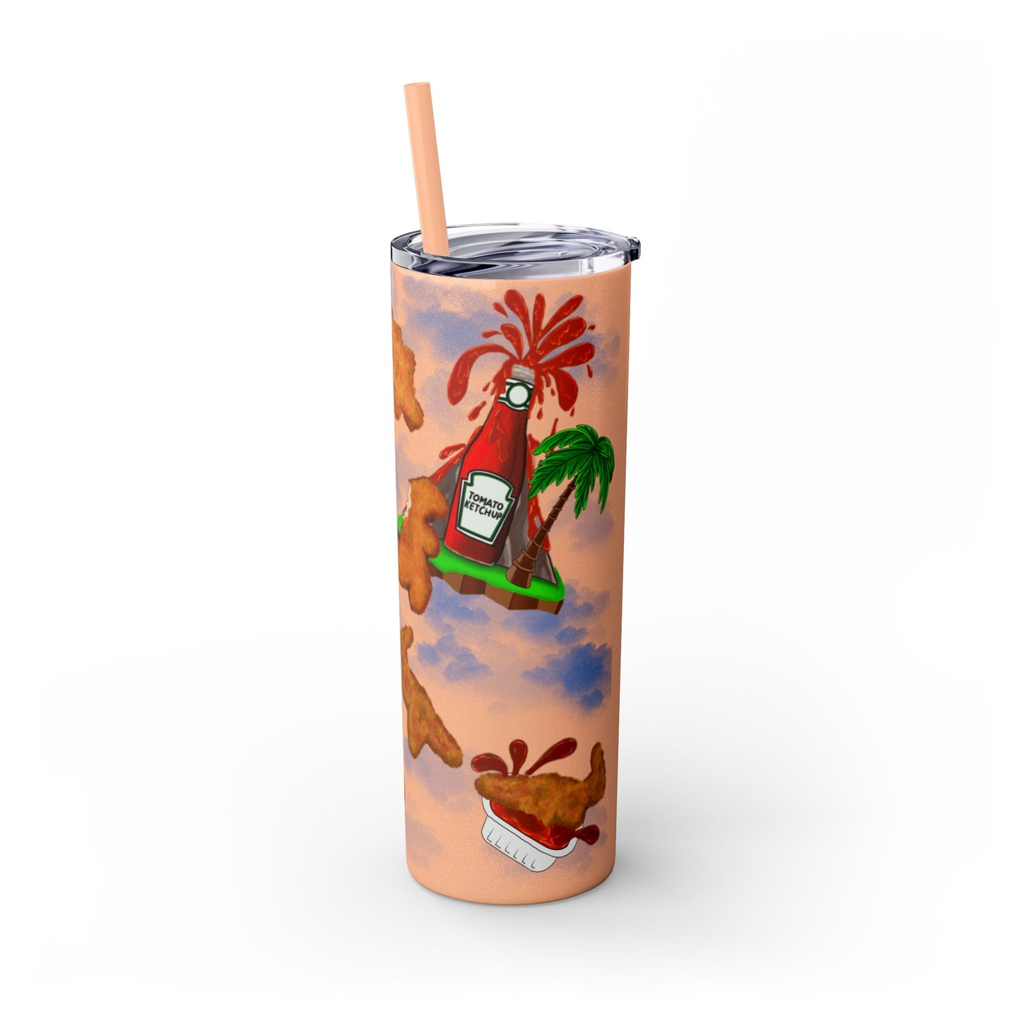 Dino Nuggets Tropical Themed Skinny Tumbler with Straw, 20oz | Fun Vacation Drinkware, Summer, Hawaiian Party, Gift for Beach Lovers