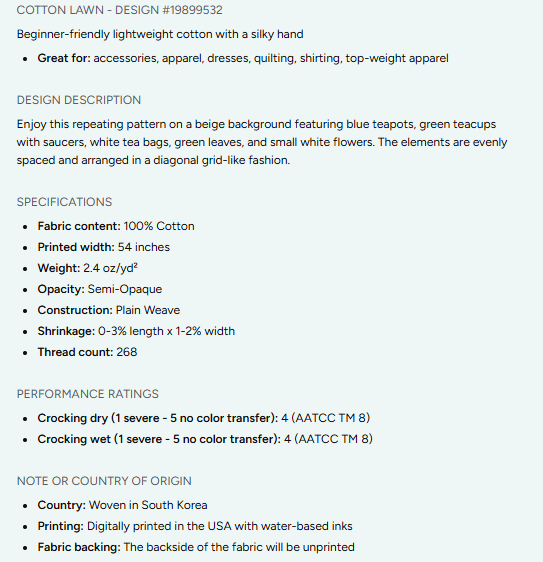 Tea Time Repeating Pattern on Fabric by the Yard