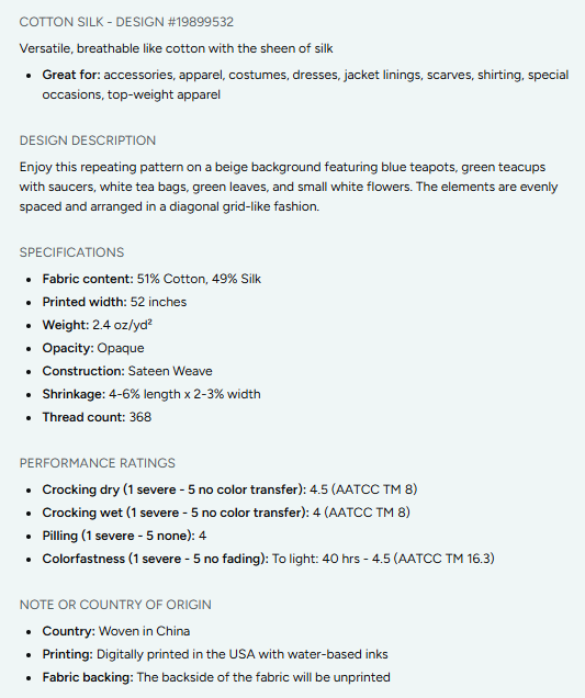 Tea Time Repeating Pattern on Fabric by the Yard